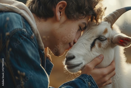 Premium Quality Image of Closeup Man Playing with Goat photo