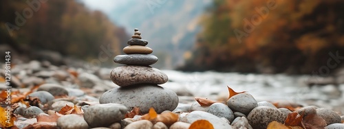 Stacked Stones by River in Autumn photo