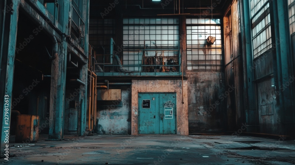 Abandoned Industrial Warehouse with Blue Door and Urban Decay Abandoned Industrial Warehouse with Blue Door and Urban Decay