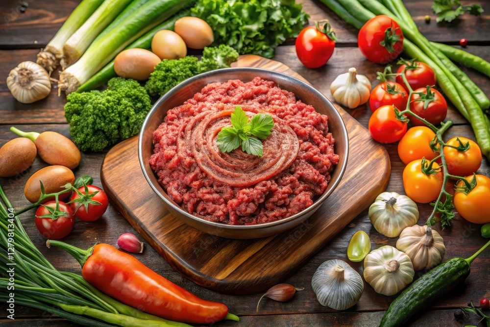 Aromatic Bowl of Ground Meat Surrounded by Fresh Vegetables and Herbs Ready for Cooking Aromatic Bowl of Ground Meat Surrounded by Fresh Vegetables and Herbs Ready for Cooking