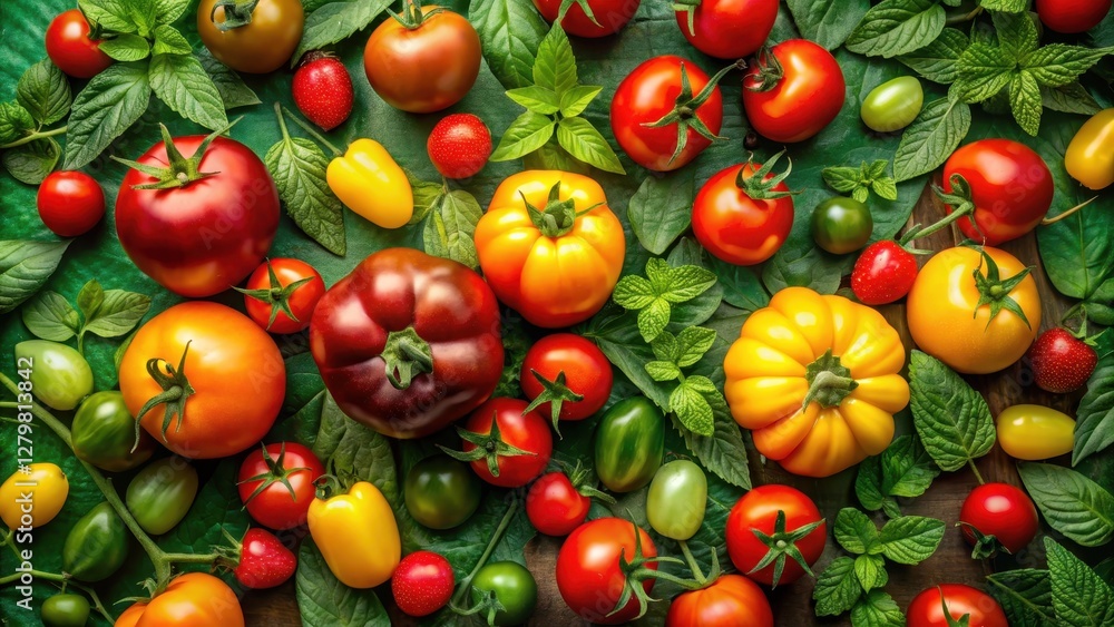 A vibrant collection of assorted tomatoes and fresh mint leaves arranged artistically on a dark surface A vibrant collection of assorted tomatoes and fresh mint leaves arranged artistically on a dark surface