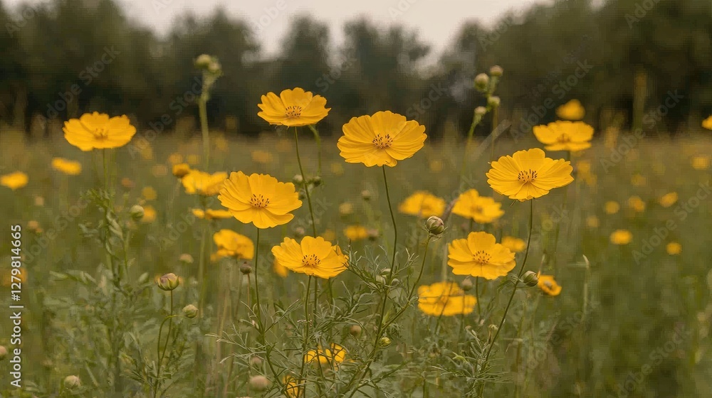 Obraz premium Bright yellow cosmos wildflowers blooming in a lush green meadow during a cloudy day.