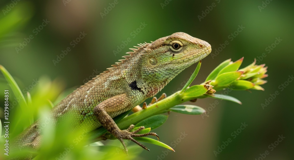 Lizard Perched on Plant Stem in Natural Green Outdoor Setting Lizard Perched on Plant Stem in Natural Green Outdoor Setting
