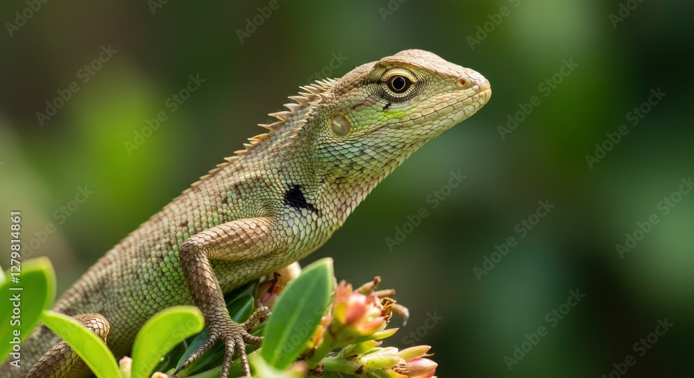 Green Garden Lizard Portrait on Plant Observing Its Surroundings Closely Green Garden Lizard Portrait on Plant Observing Its Surroundings Closely
