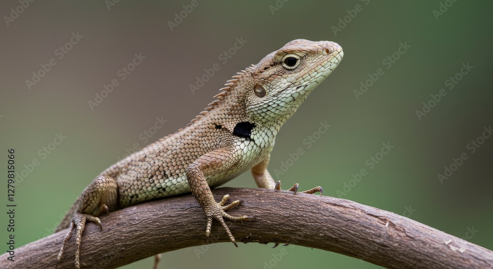 Oriental Garden Lizard Perched on Branch in Natural Outdoor Setting Oriental Garden Lizard Perched on Branch in Natural Outdoor Setting