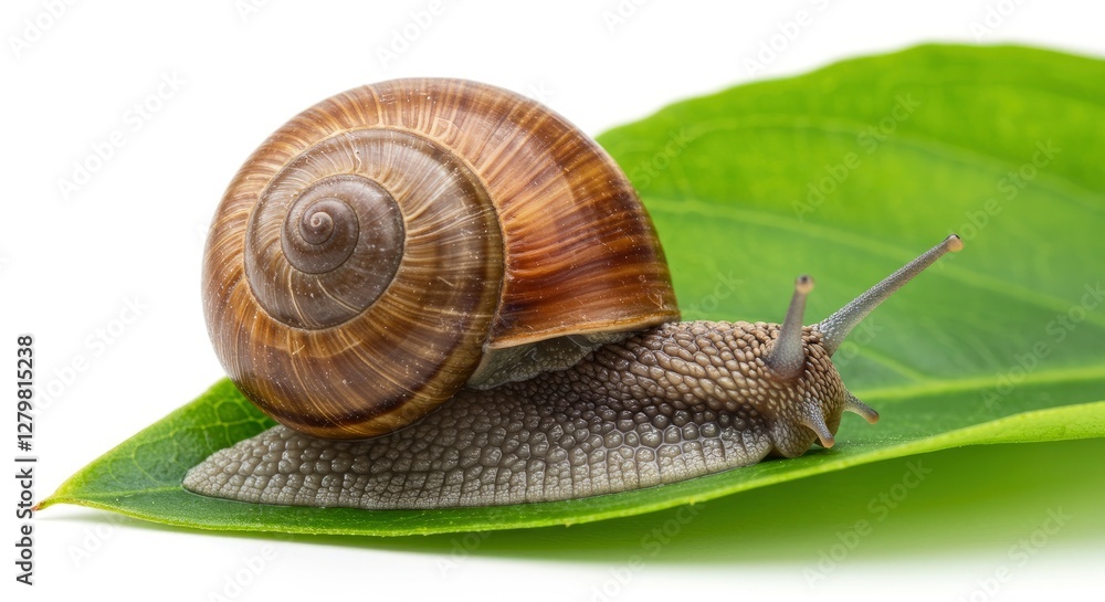 Snail Crawling on Green Leaf Isolated on White Background Macro Shot Snail Crawling on Green Leaf Isolated on White Background Macro Shot