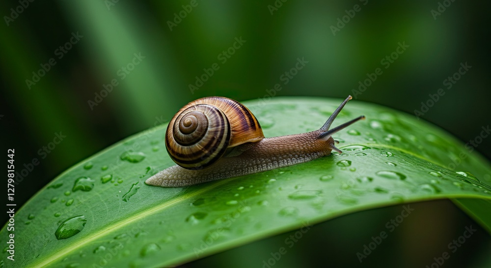 Snail Crawling on Wet Green Leaf in Natural Garden Setting Snail Crawling on Wet Green Leaf in Natural Garden Setting