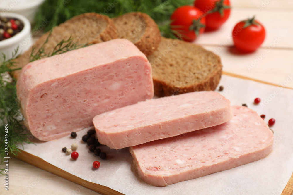 Pieces of tasty canned meat, peppercorns, dill and bread on light wooden table, closeup Pieces of tasty canned meat, peppercorns, dill and bread on light wooden table, closeup