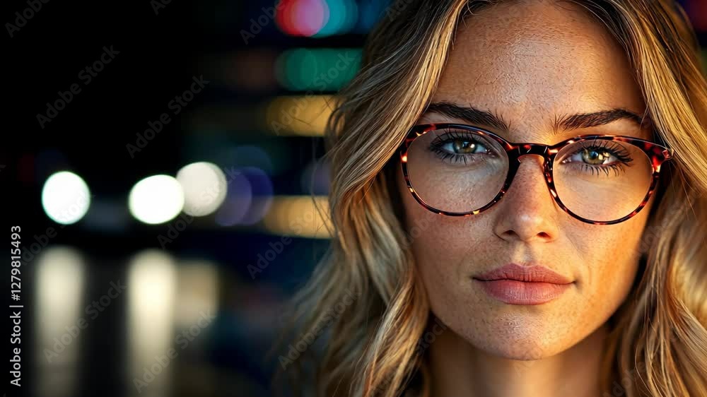 Woman with stylish glasses poses confidently against a blurred urban backdrop at night Woman with stylish glasses poses confidently against a blurred urban backdrop at night