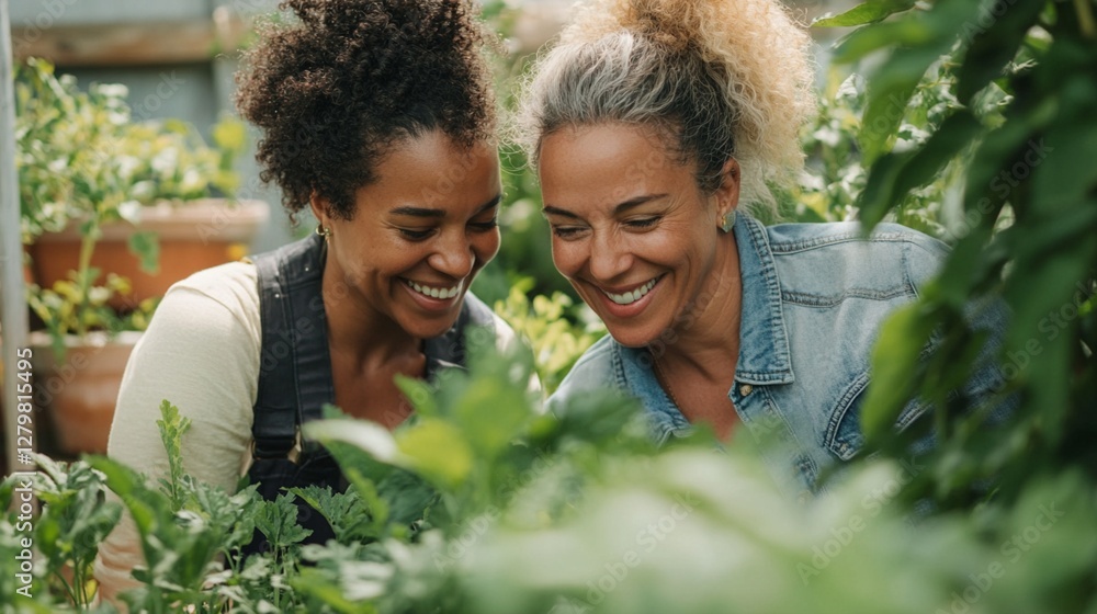 Two cheerful gardeners sharing a genuine laugh while working together in their lush green garden, surrounded by fresh herbs and plants on a bright sunny afternoon. Two cheerful gardeners sharing a genuine laugh while working together in their lush green garden, surrounded by fresh herbs and plants on a bright sunny afternoon.
