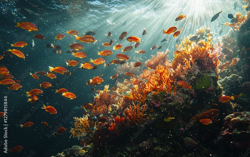Naklejka premium Sunbeams illuminate vibrant coral reef and fish.