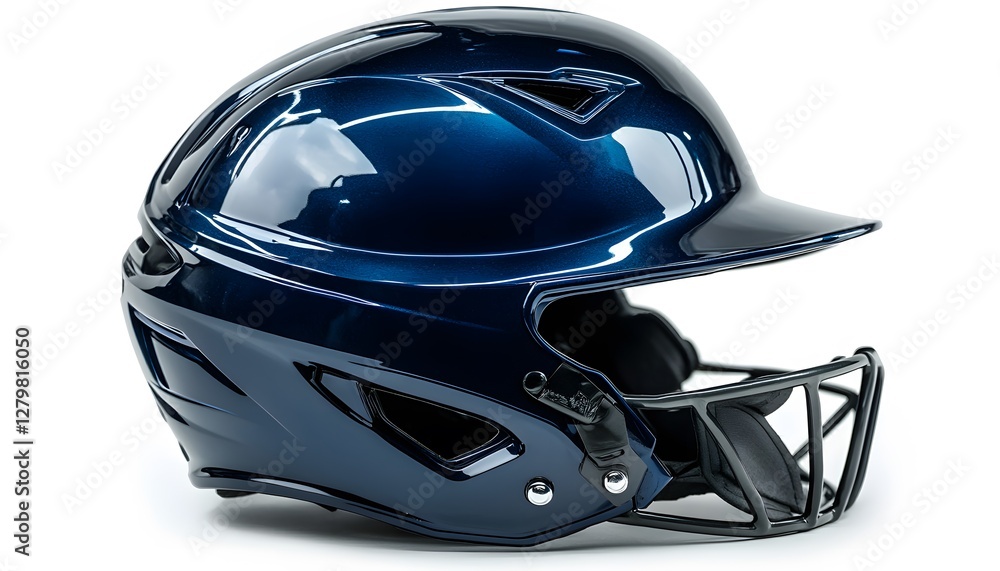 Fototapeta premium A shiny navy blue baseball helmet displayed on white background