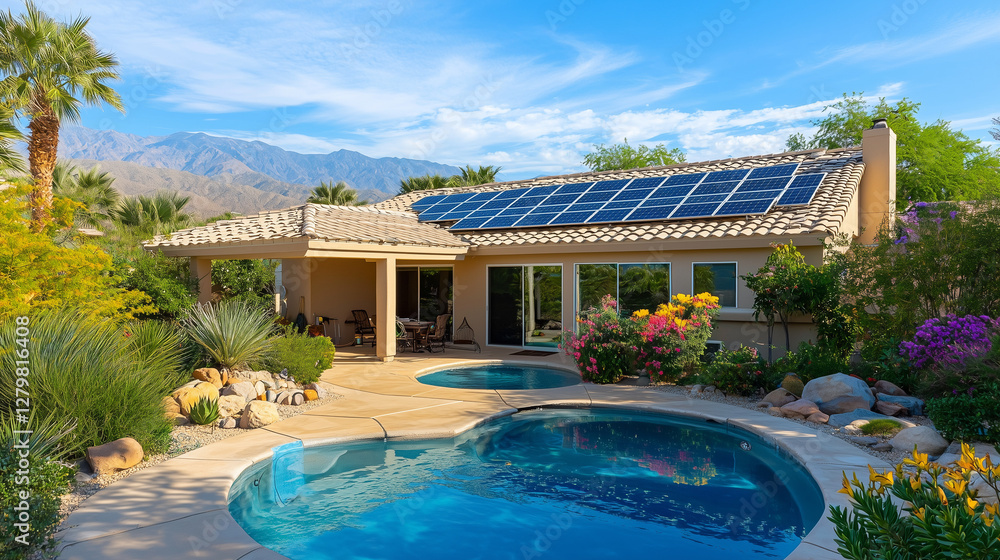 Fototapeta premium Modern Solar Panels Installed On A Arizona Home with beautiful pool Under Clear Blue Sunny Sky, Solar Photography, Solar Powered Clean Energy, Sustainable Resources, Electricity Source, renewable