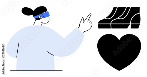 Woman with VR headset gesturing towards shoe design and heart shape. Ideal for technology, empathy, innovation, retail, fashion, user experience, virtual reality applications, abstract line flat