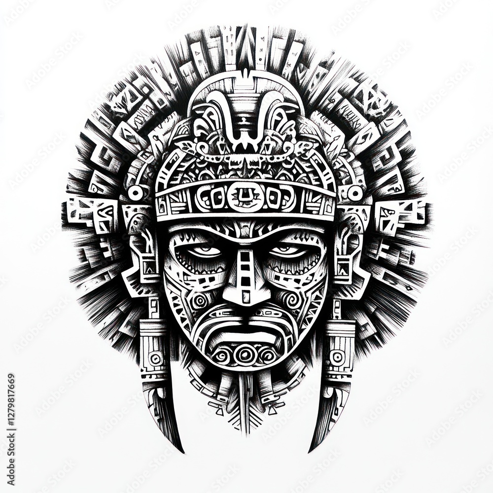 Ornate Monochrome Aztec Mask Design Illustration Ornate Monochrome Aztec Mask Design Illustration