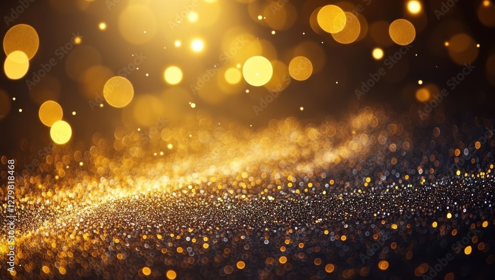 Obraz premium Sparkling Golden Bokeh with Glowing Light Effects on a Dark Background for Festive and Celebratory Themes in Stock Photography