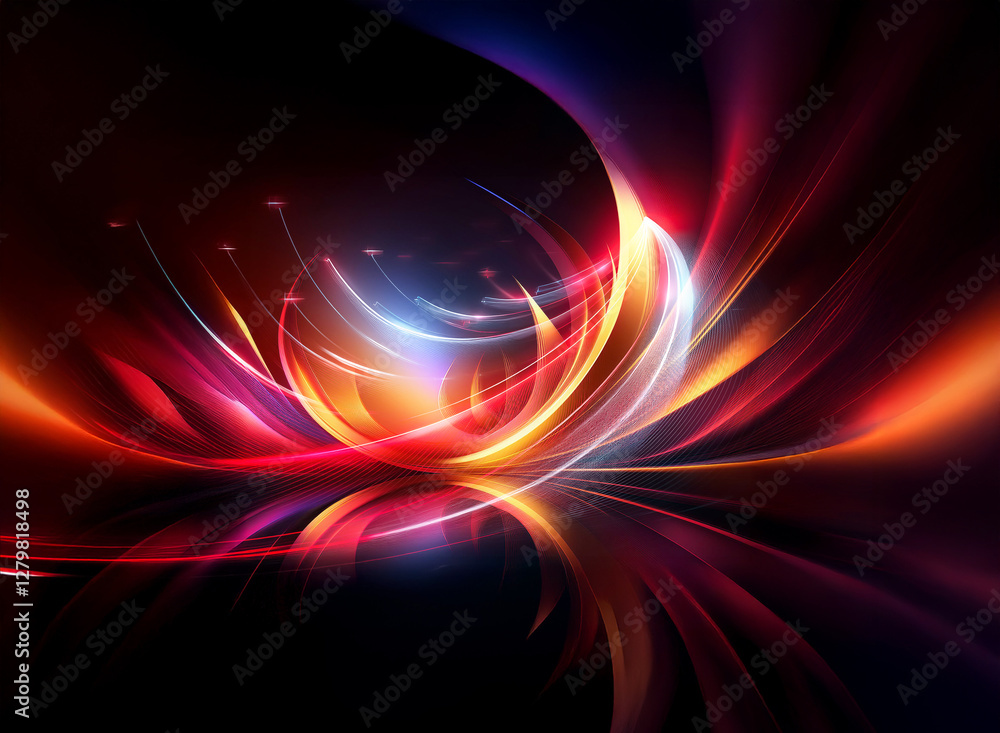 Abstract double exposure artwork featuring vibrant, luminous curves and dynamic light trails against a dark backdrop. Flowing shapes create a sense of energy and movement. Abstract double exposure artwork featuring vibrant, luminous curves and dynamic light trails against a dark backdrop. Flowing shapes create a sense of energy and movement.