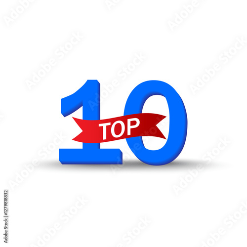 Top ten number. Red ribbon label. Ranking position symbol. Bold vector text.