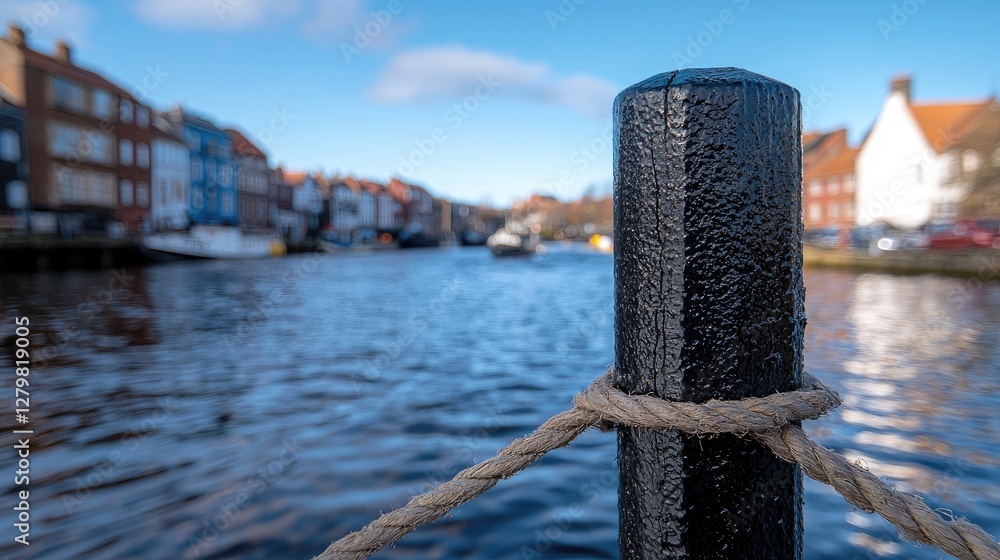 Fototapeta premium Black metal bollard wrapped with rope stands at a harbor dock with blurred historic buildings and water in the background during daytime.