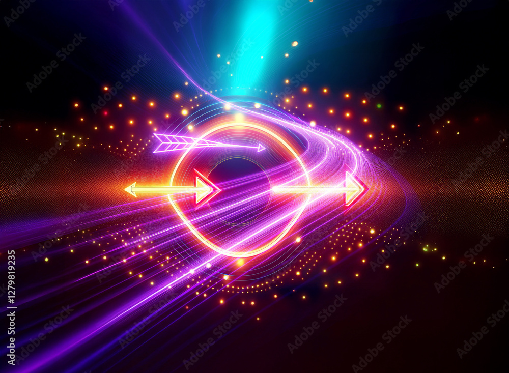 Obraz premium Vibrant double exposure art featuring a glowing circle with arrows and dynamic light streaks against a dark backdrop.