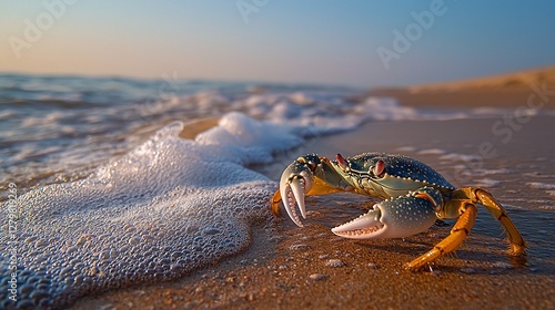 Fototapeta Naklejka Na Ścianę i Meble -  Colorful crab on sandy beach near ocean wave at sunset.