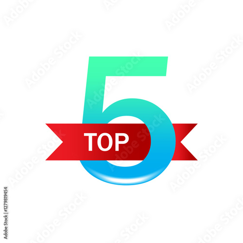 Colorful five shape. Red TOP ribbon. Gradient numeric icon. Vector ranking element.