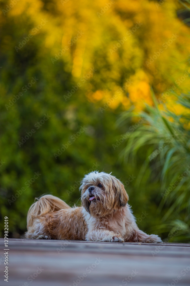 shih tzu dog walks on a bridge against the backdrop of mountains in summer shih tzu dog walks on a bridge against the backdrop of mountains in summer