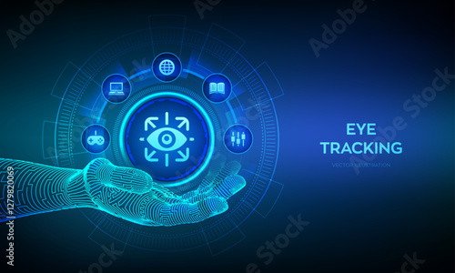 Eye tracking icon in wireframe hand. Cyber eye. Gesture recognition sensor. Emotion detection, hands-free control, motion tracking artificial intelligence technology concept. Vector illustration.