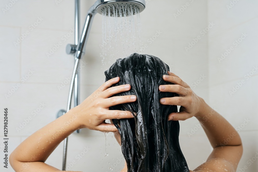 Naklejka premium A person with wet, dark hair lathers shampoo in the shower, water cascading from the overhead showerhead.