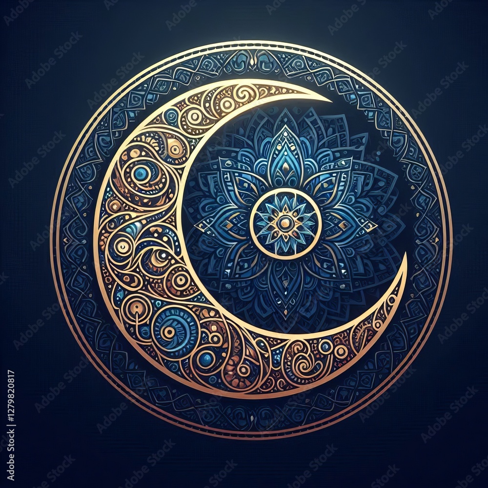Fototapeta premium Golden crescent moon and stars in the night sky with a decorative vector design, ramadhan kareem, id fitr