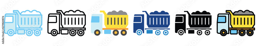 Naklejka premium Dump Truck multi style, mini illustration icon. outline, flat, glyph, line color, UI, UX, app and web, digital or print. related to heavy machinery, industry, road construction theme