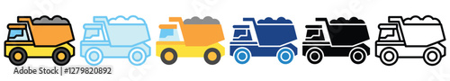 Dump Truck multi style, mini illustration icon. outline, flat, glyph, line color, UI, UX, app and web, digital or print. related to heavy machinery, industry, road construction theme