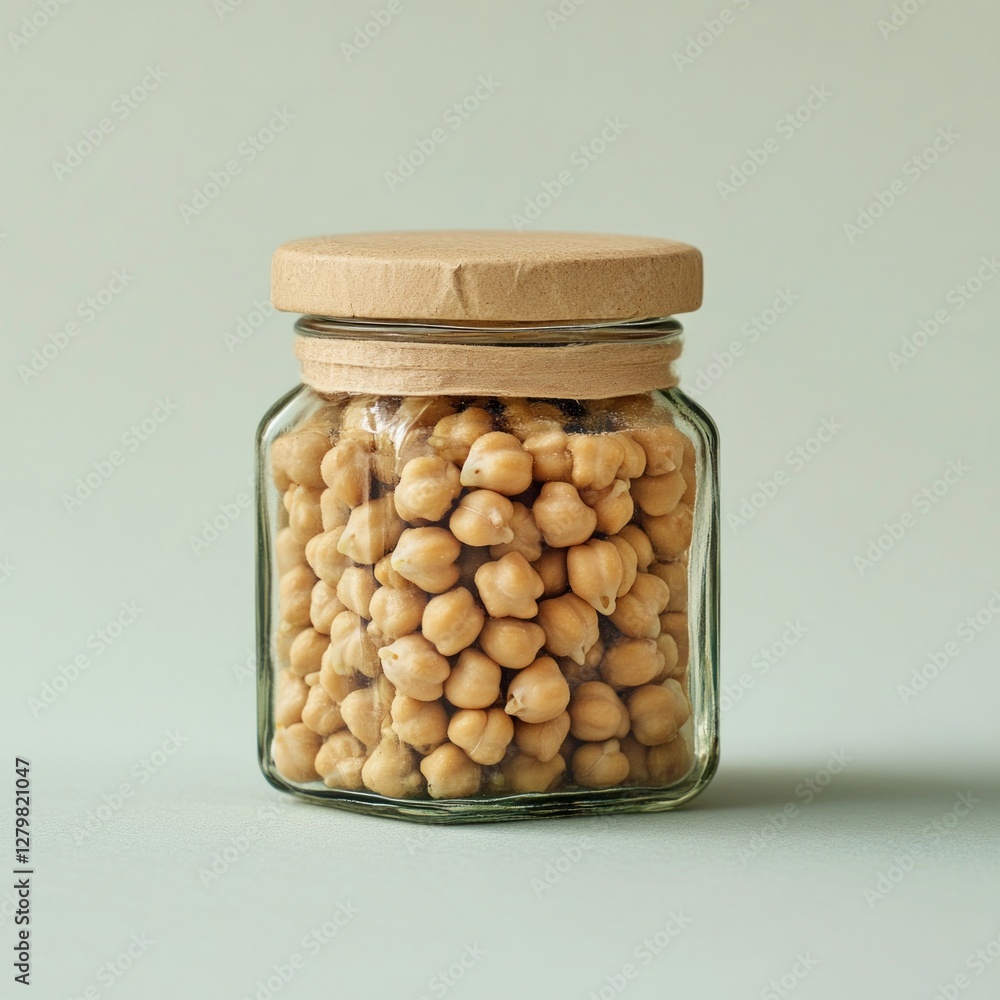 Glass jar of dried chickpeas with wooden lid on green background Glass jar of dried chickpeas with wooden lid on green background