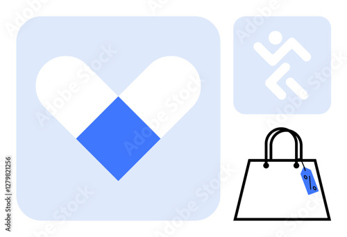 Shopping bag with price tag, heart shaped pill icon, and running figure in minimalist blue and white design. Ideal for e-commerce, healthcare, fitness, online shopping, pharmaceutical, retail