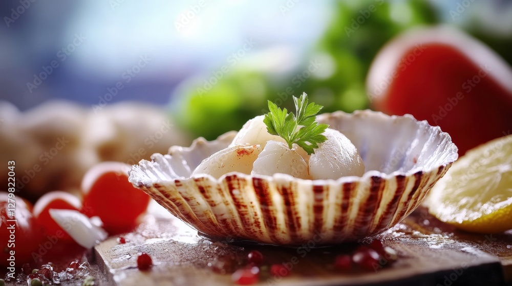 Fresh seafood dish featuring scallops garnished with herbs on a wooden table, with vegetables in the background Fresh seafood dish featuring scallops garnished with herbs on a wooden table, with vegetables in the background