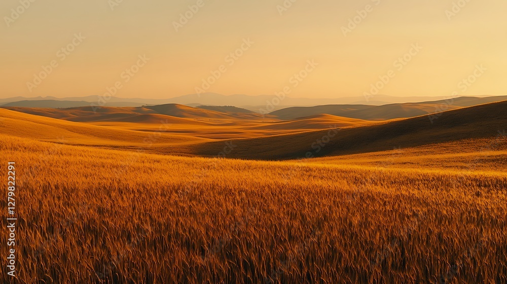 Obraz premium Golden Wheat Field Landscape at Sunset with Rolling Hills and Warm Light
