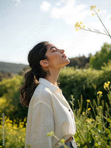beautiful light woman stands breathing on the garden