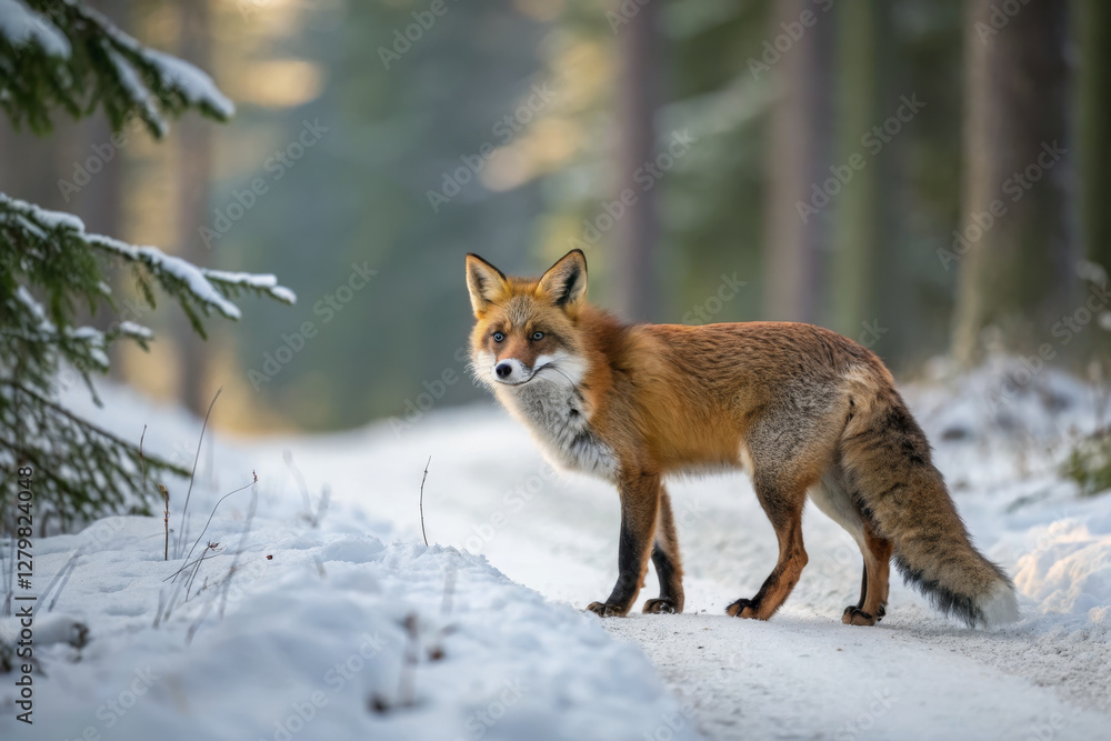 Obraz premium fox standing on snowy path in forest, surrounded by trees