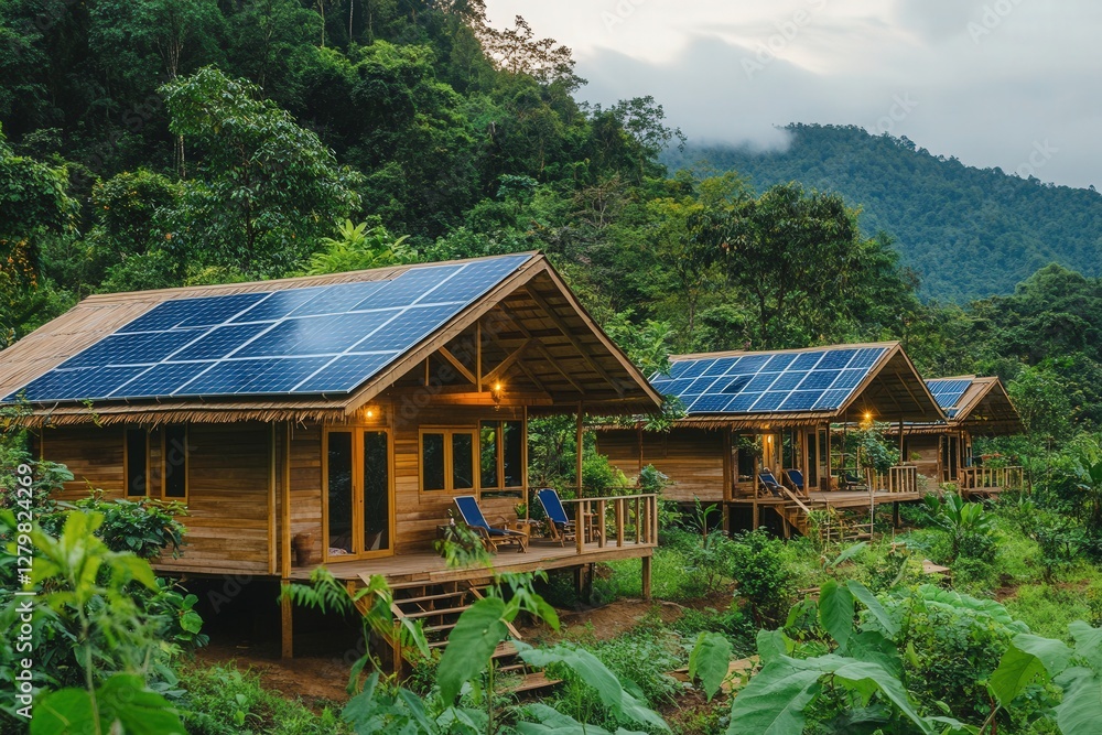 rural eco-lodge surrounded by untouched nature, cozy wooden bungalows with solar panels, promoting sustainable tourism rural eco-lodge surrounded by untouched nature, cozy wooden bungalows with solar panels, promoting sustainable tourism