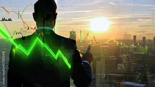 Businessman looking at stock market graph overlaid on cityscape at sunset.