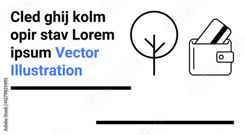 Wallet with credit cards beside a stylized abstract tree accompanied by placeholder text and horizontal lines. Ideal for finance, eco-friendly themes, modern design, web graphics, marketing