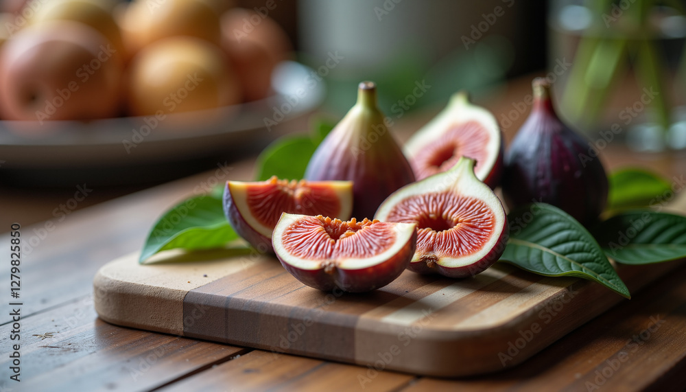 Sliced figs on wooden cutting board with fresh fruits in background Sliced figs on wooden cutting board with fresh fruits in background