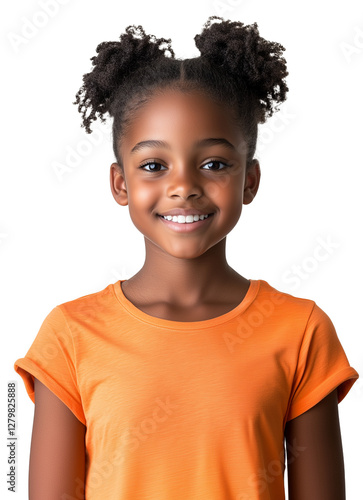 Portrait of a young, smiling, African American female child or school student wearing a yellow orange t-shirt top, isolated on a transparent background, cut out photo