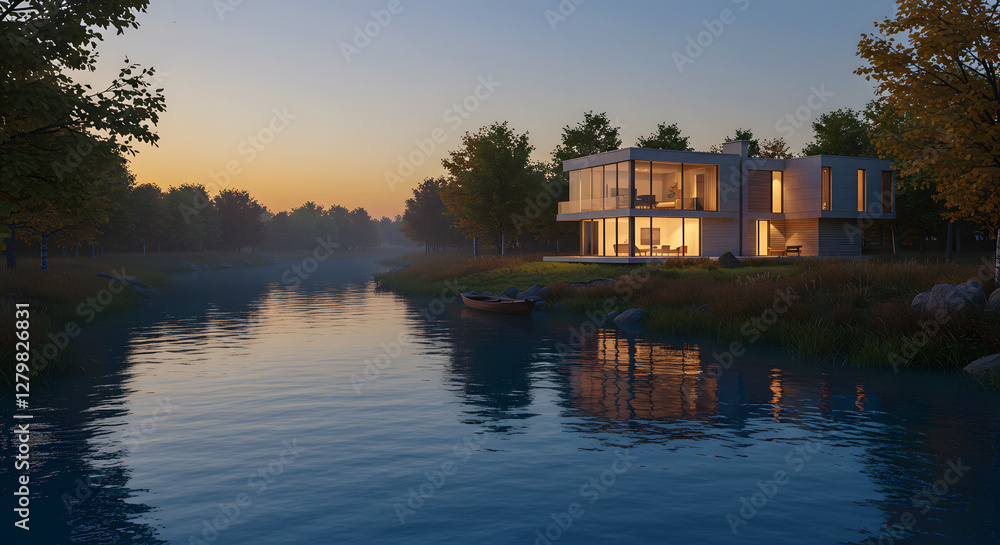 Obraz premium Reflections at Dusk: A 3D Visualization of a Modern Riverside Home 