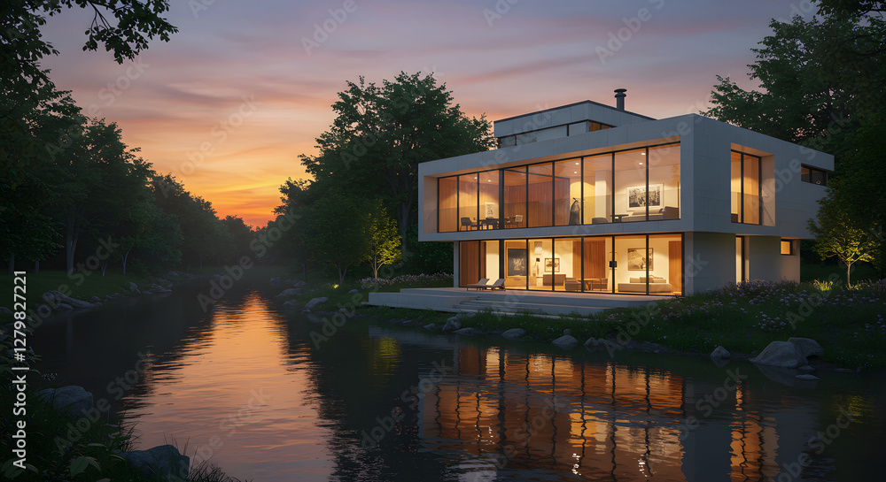 Modern Riverside Haven: Stunning 3D Evening Visualization
Modern Riverside Haven: Stunning 3D Evening Visualization