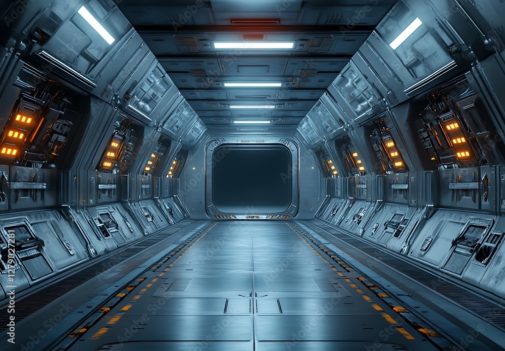 Fototapeta premium Futuristic Spaceship Corridor Sci Fi Interior Metal Walls Lights