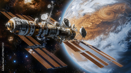 Fototapeta Naklejka Na Ścianę i Meble -  A detailed depiction of a space station orbiting a gas giant, showcasing intricate details of the station and the planet's atmospheric swirls. Stars and nebulae form a dramatic backdrop.