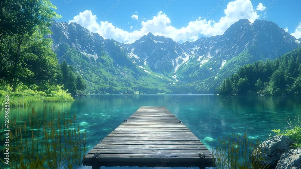 Scenic wooden dock extending over crystal-clear lake with majestic mountains in background. Seamless looping 4K time-lapse animation video background. Scenic wooden dock extending over crystal-clear lake with majestic mountains in background. Seamless looping 4K time-lapse animation video background.