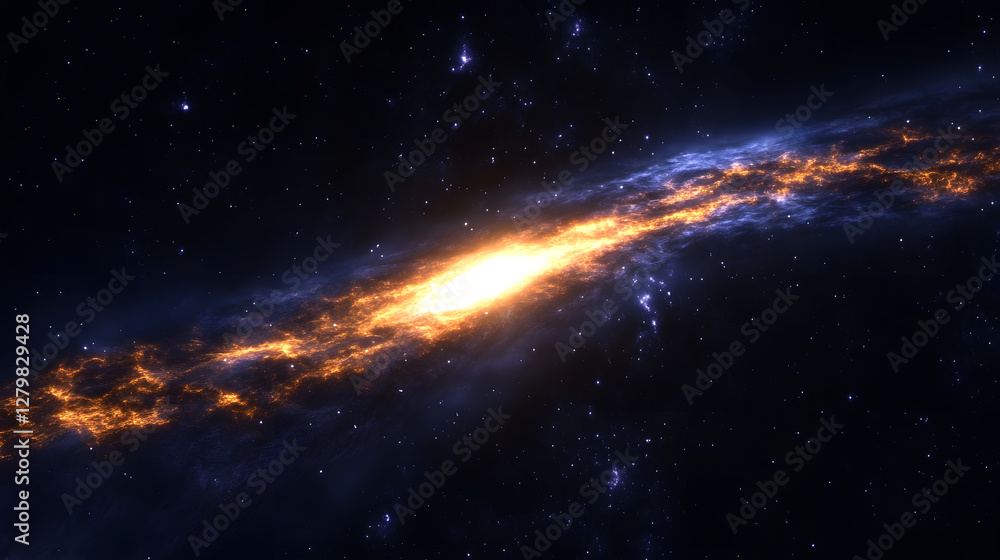 Fototapeta premium A vibrant nebula bursts with fiery orange and electric blue hues, its luminous core radiating intense light against a backdrop of countless stars. A cosmic spectacle of celestial beauty.