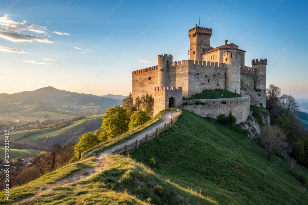 Majestic castle on hilltop with scenic landscape and sunset glow Majestic castle on hilltop with scenic landscape and sunset glow